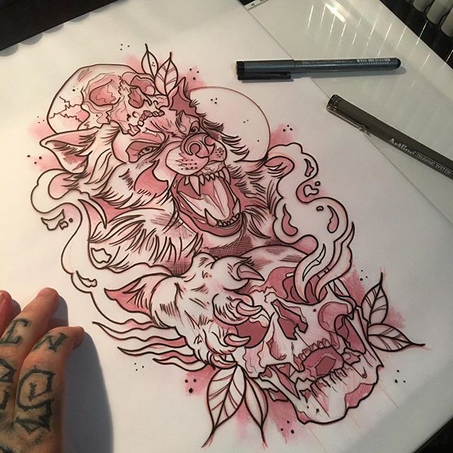 Brave screaming wolf protecting his skulls tattoo design