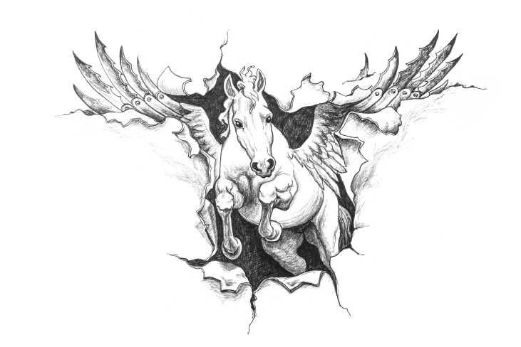 Brave white pegasus rushing out of torn background tattoo design