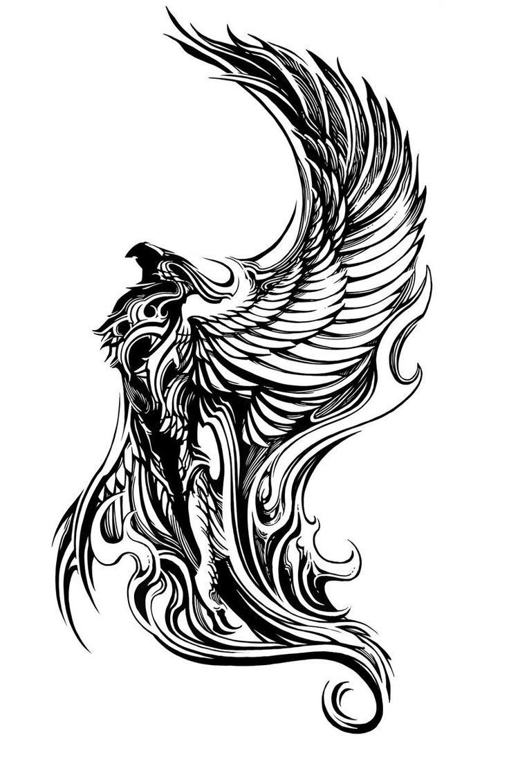 Breathtaking black-and-white flying phoenix tattoo design