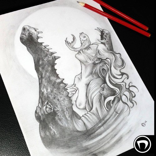 Breathtaking black-and-white young girl and fish in reptile jaws tattoo design