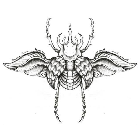 Breathtaking grey-ink open-winged bug with big horns tattoo design
