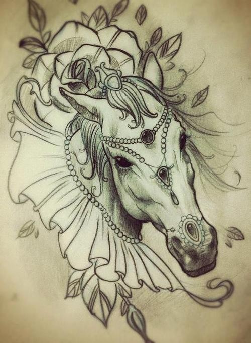 Breathtaking grey-pencil horse with flowers tattoo design
