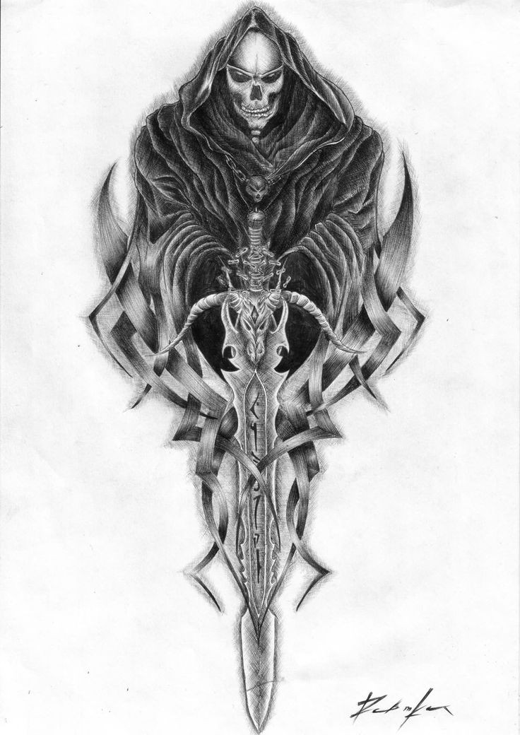 Breathtaking pencilwork death with a huge decorated sword tattoo design