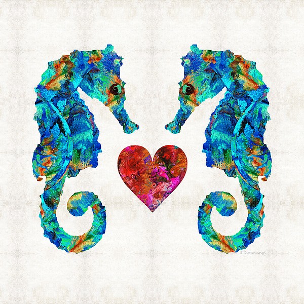 Bright blue seahorse couple and red heart tattoo design