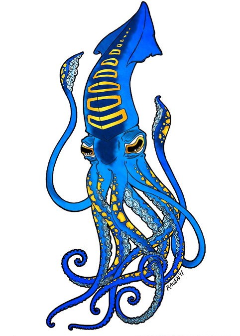 Bright blue squid water animal with yellow prints tattoo design