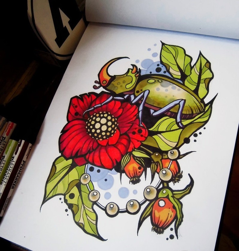 Bright colored horned bug and big poppy tattoo design by Asika Art