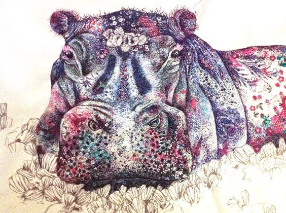 Bright floral-ornamented lying hippo tattoo design
