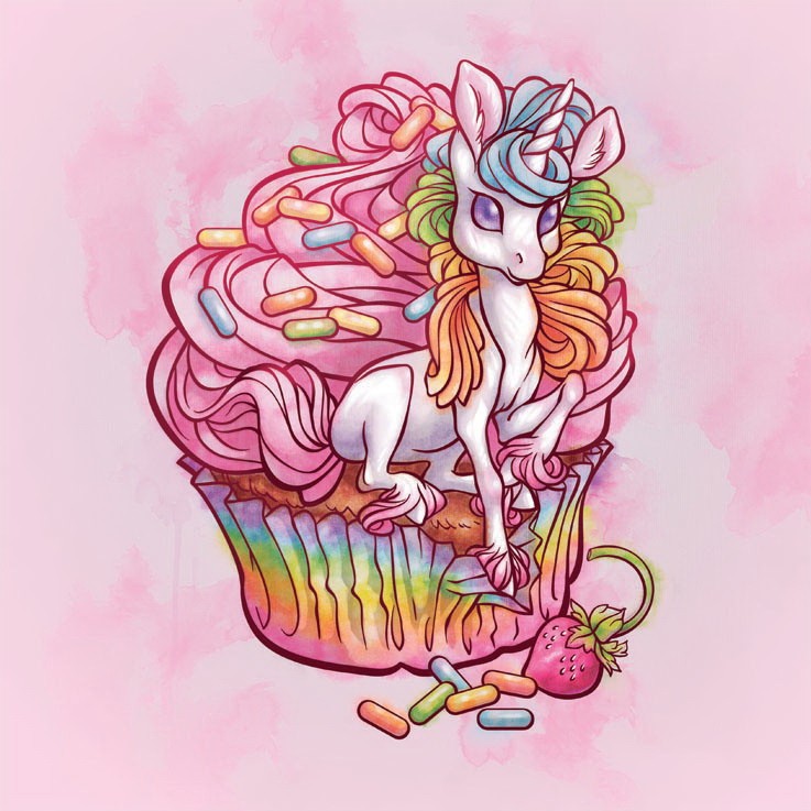 Bright girly unicorn looking out of huge tasty cake tattoo design