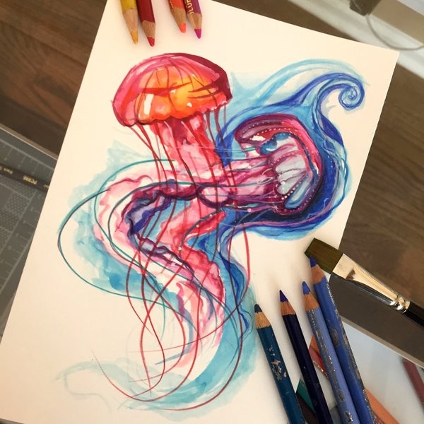 Bright orange jellyfish in blue water flow tattoo design