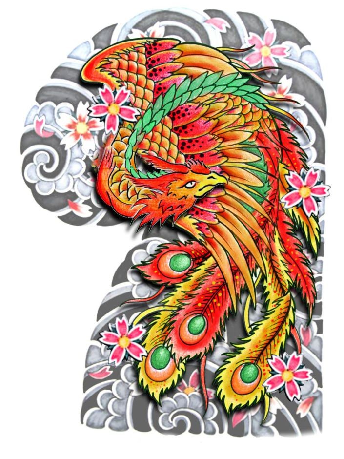Bright phoenix with falling cherry blossom on grey cloudy background tattoo design for back