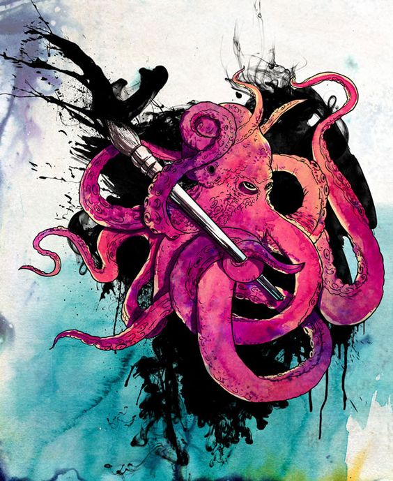 Bright pink octopus with brush on black watercolor spot tattoo design