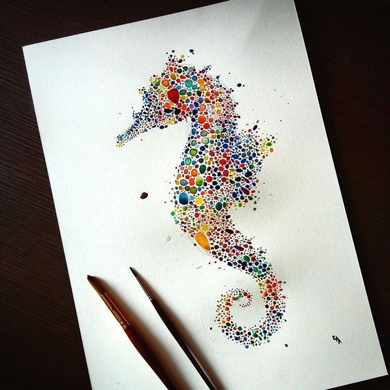 Bright rainbow spotted seahorse silhouette tattoo design
