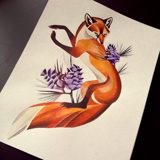 Bright red fox and purple cones tattoo design