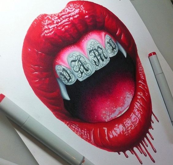Lábios vermelhos brilhantes com branco impresso vampiro dentes tatuagem design