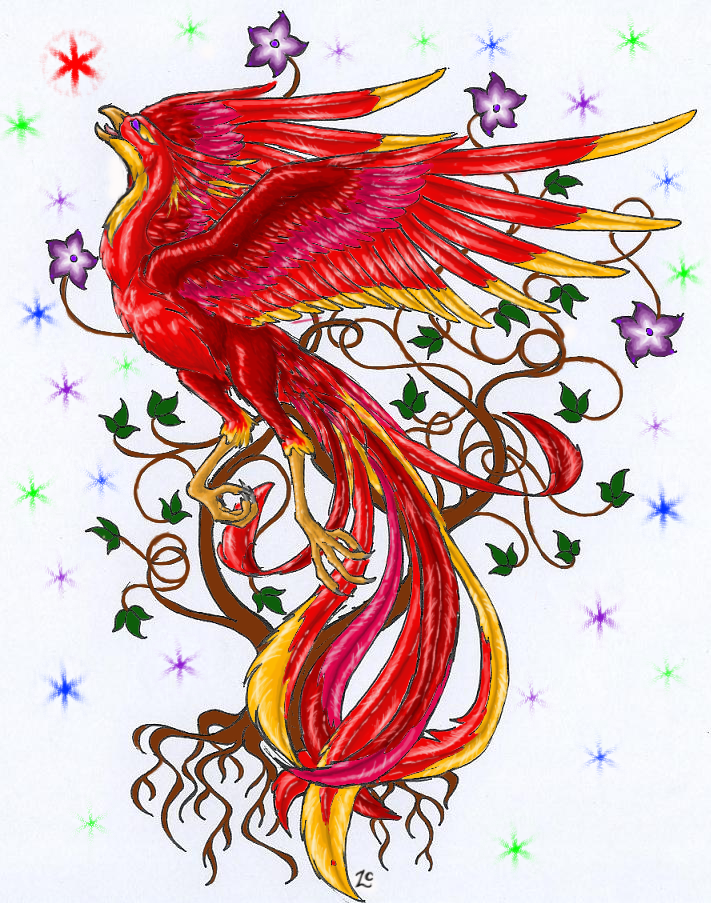 Bright red phoenix flying on green vine-branch background tattoo design
