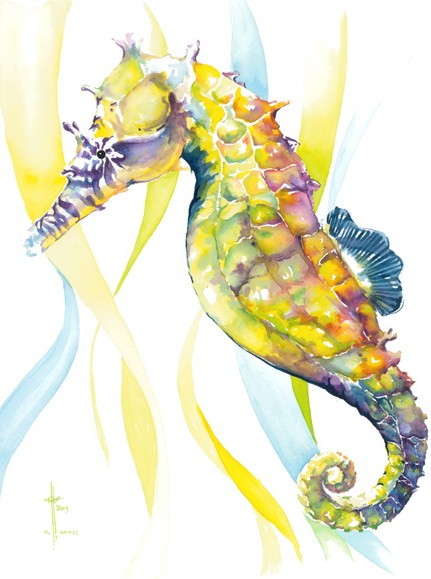 Bright watercolor seahorse on shiny rays background tattoo design