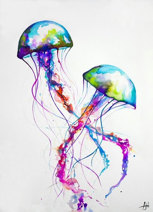 Brightful montly watercolor jellyfish couple tattoo design