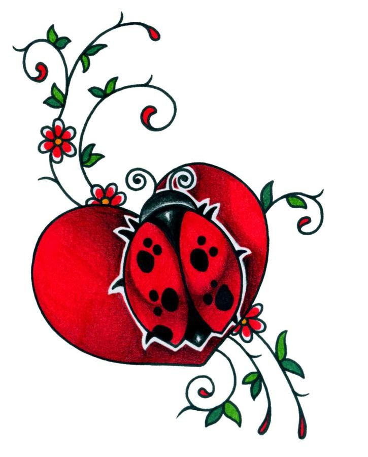 Brightly red ladybug on heart background with curly floral stems tattoo design