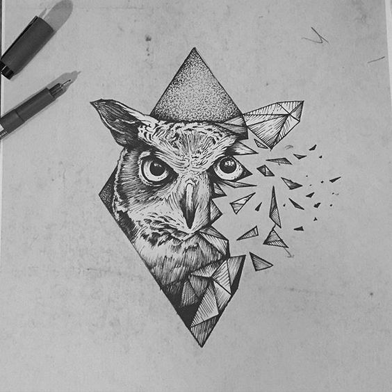 Broken dotwork owl portrait in rhombus frame tattoo design