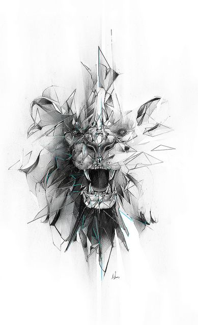 Broken grey geometric lion face tattoo design
