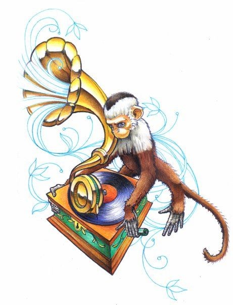 Brown-and-white monkey playing with gramophonetattoo design