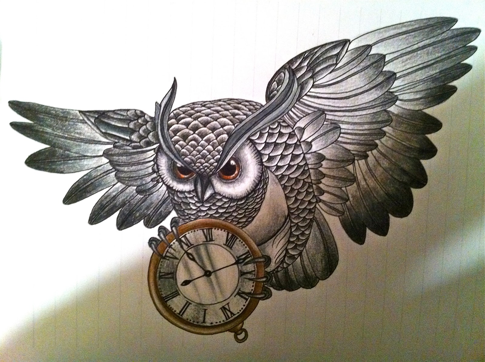Brown-eyed owl hanging a clock tattoo design