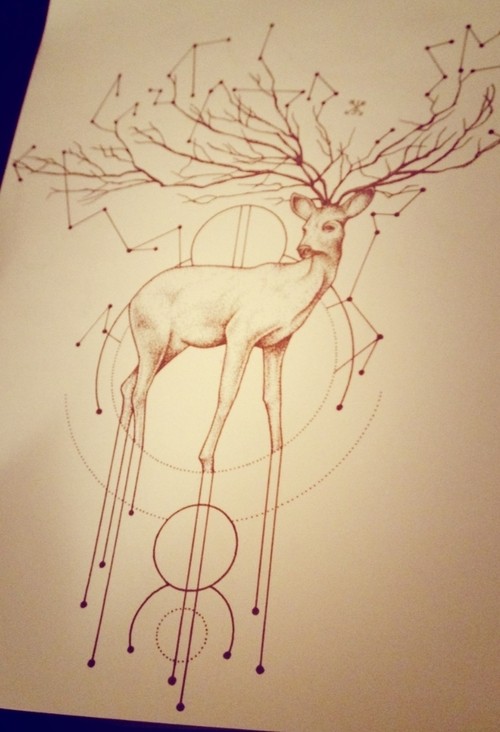 Brown-line deer with astronomic star signs tattoo design