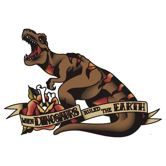 Brown crying dinosaur with rose bud and quoted banner tattoo design