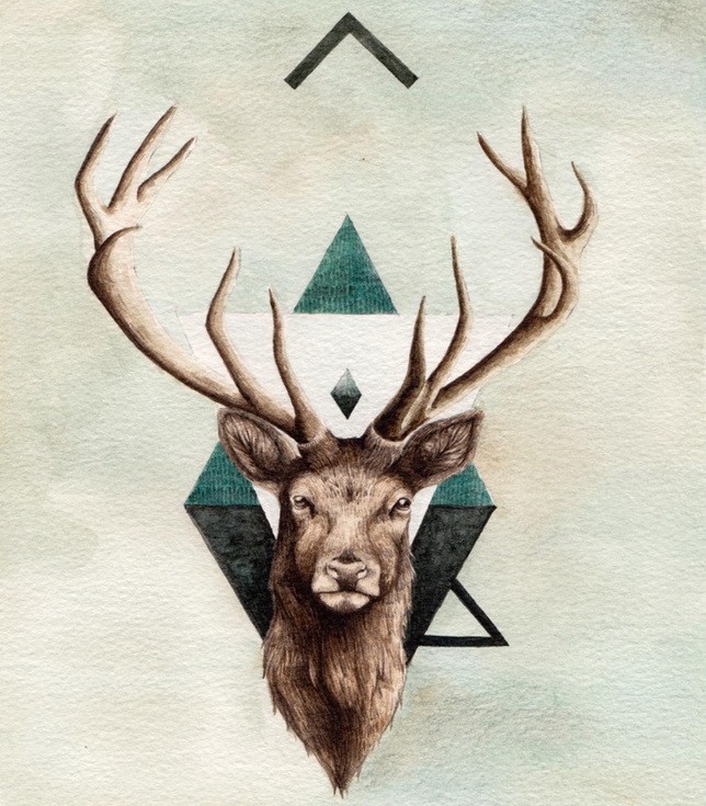 Brown deer with black-and-turquoise geometric background tattoo design