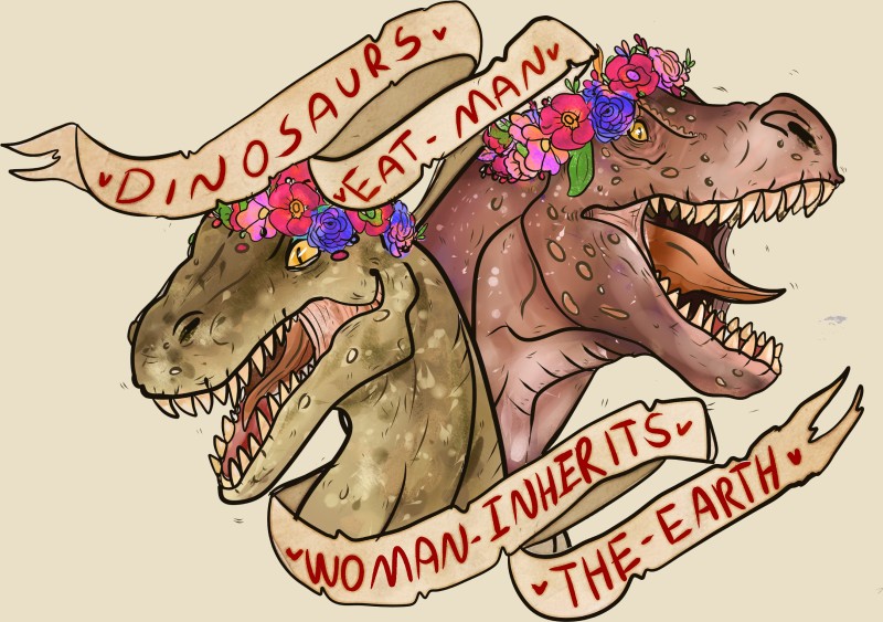 Brown dinosaur couple in multicolor floral wreaths with banners tattoo design