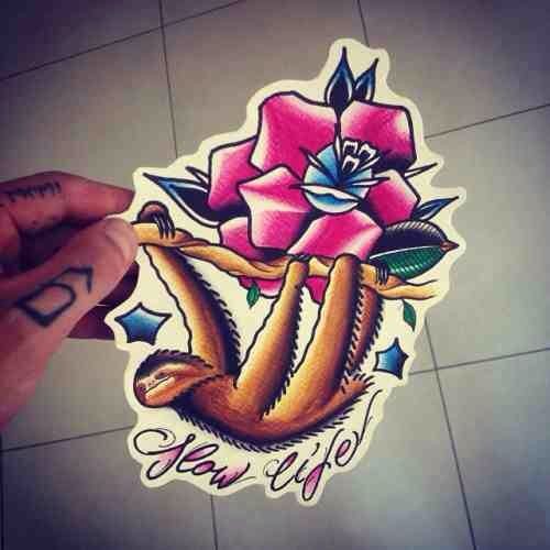 Brown hanging sloth and pink flower tattoo design
