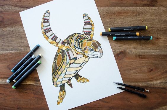 Brown patterned flying turtle tattoo design