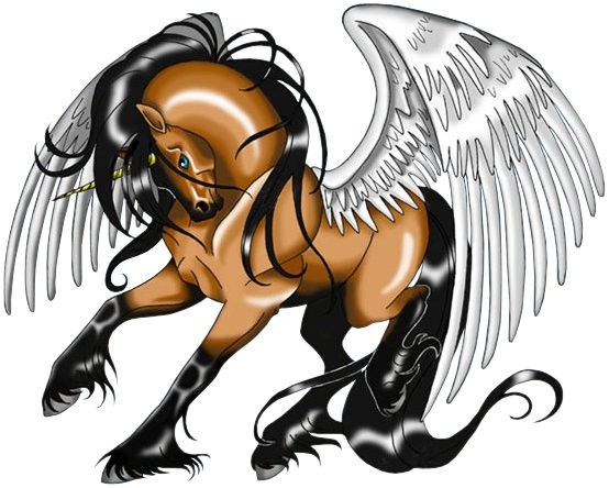Brown pegasus with black mane and white angel wings tattoo design