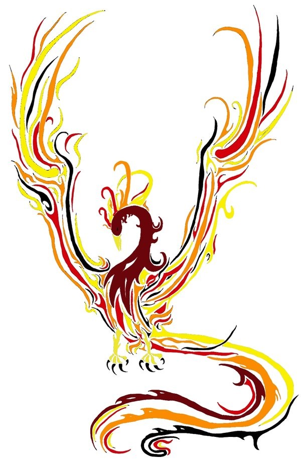 Brown phoenix with yellow-and-red featered wimgs and tail tattoo design by Albinodrow409