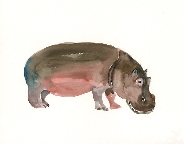 Brown watercolor hippo with red belly tattoo design