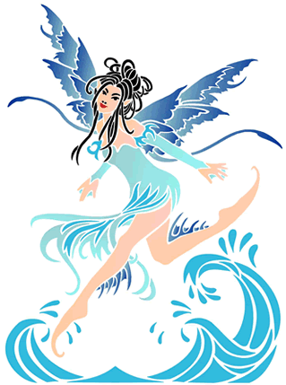 Brunette fairy jumping over waves in blue colors tattoo design