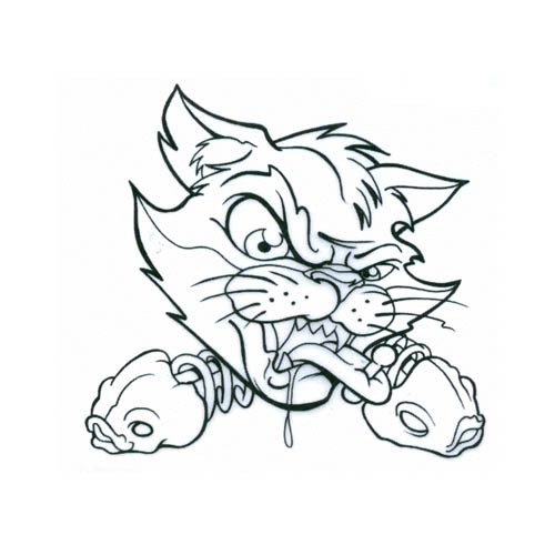 Brutal cartoon cat with tongue piercing and fish skeletons tattoo design