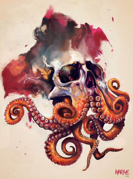 Brutal octopus skull with red watercolor background tattoo design