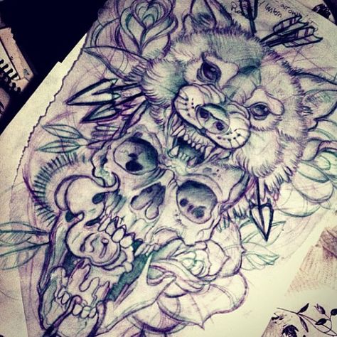 Brutal wolf and skull with arrows and flowers tattoo design