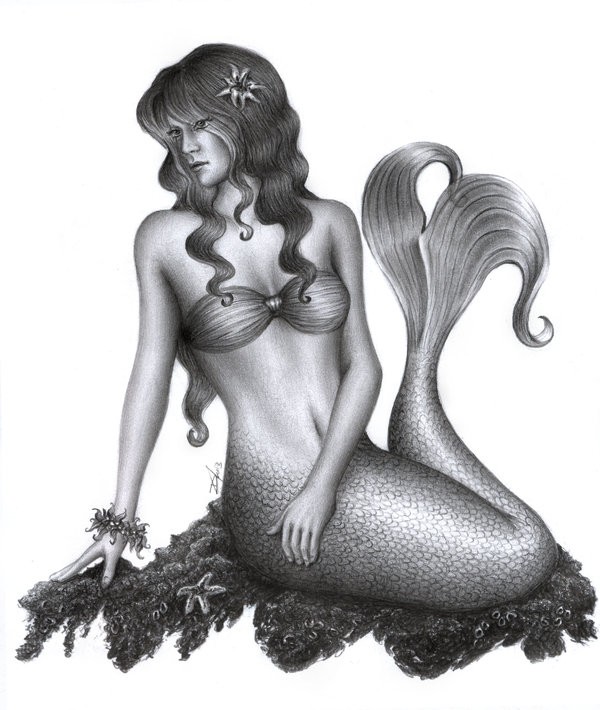 Calm black-and-white waiting mermaid tattoo design by D17rulez
