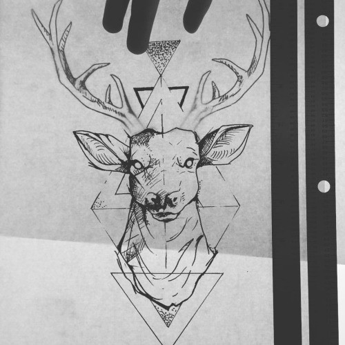 Calm blind-eyed deer in rhombus frame tattoo design