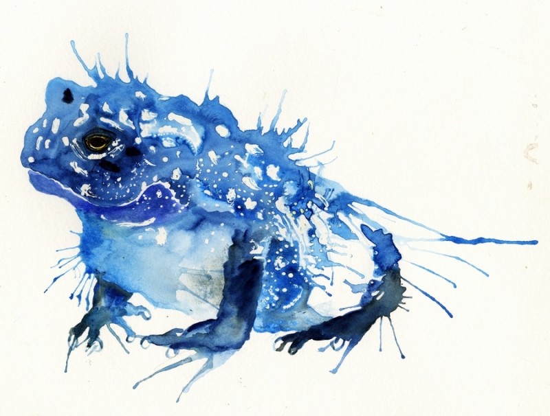 Calm blue watercolor sitting frog tattoo design