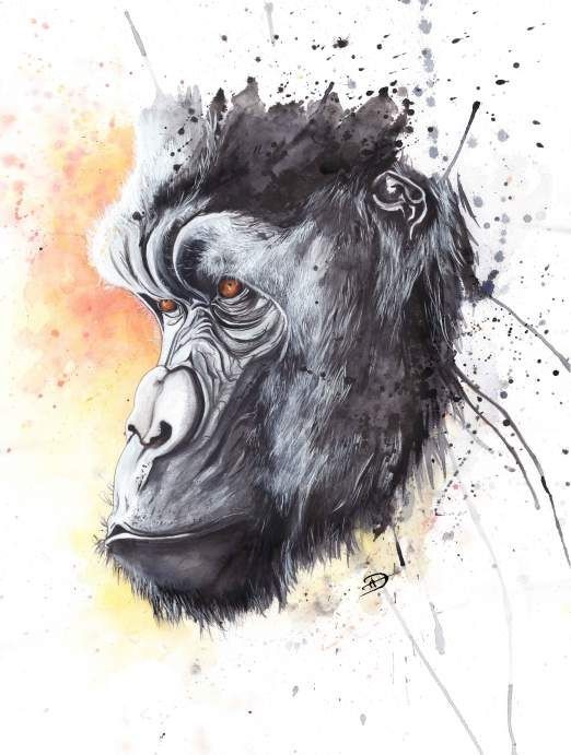 Calm brown-eyed watercolor gorilla tattoo design