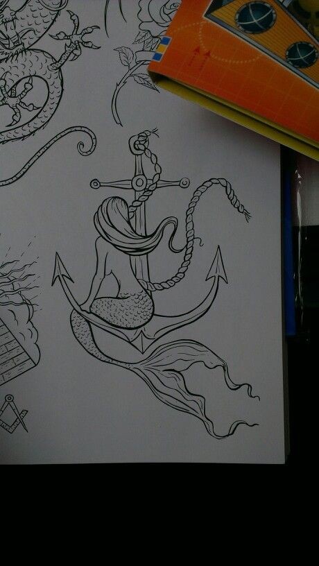 Calm colorless mermaid sitting on the anchor tattoo design