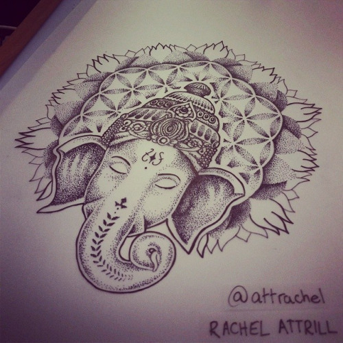 Calm dotwork ganesha elephant on flower of life mandala tattoo design