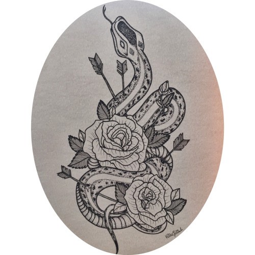 Calm dotwork snake with roses and arrows tattoo design