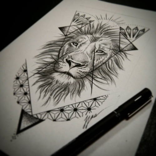 Calm drawn lion portrait with geometric elements tattoo design