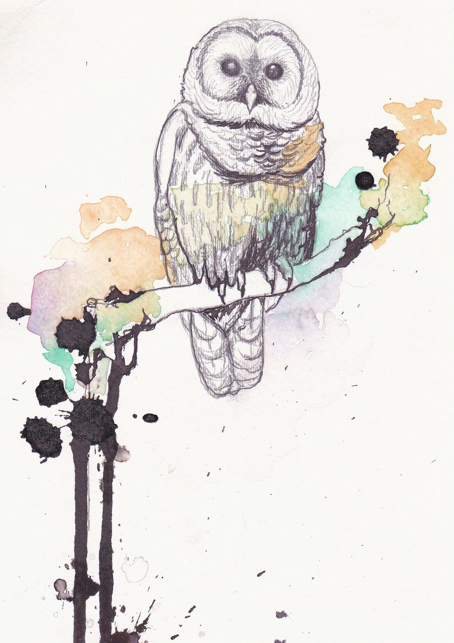 Calm grey owl sitting on branch with watercolor effect tattoo design by Silent Heartache