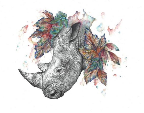 Calm grey rhino head with multicolor leaves tattoo design