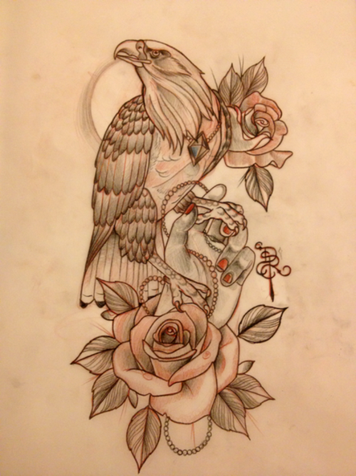 Calm new school eagle with rose and girly hand tattoo design ...